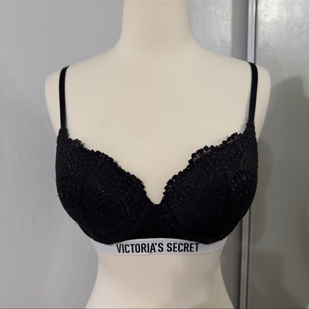 Victoria's Secret Black Lace Push-Up Bra with White Logo Band